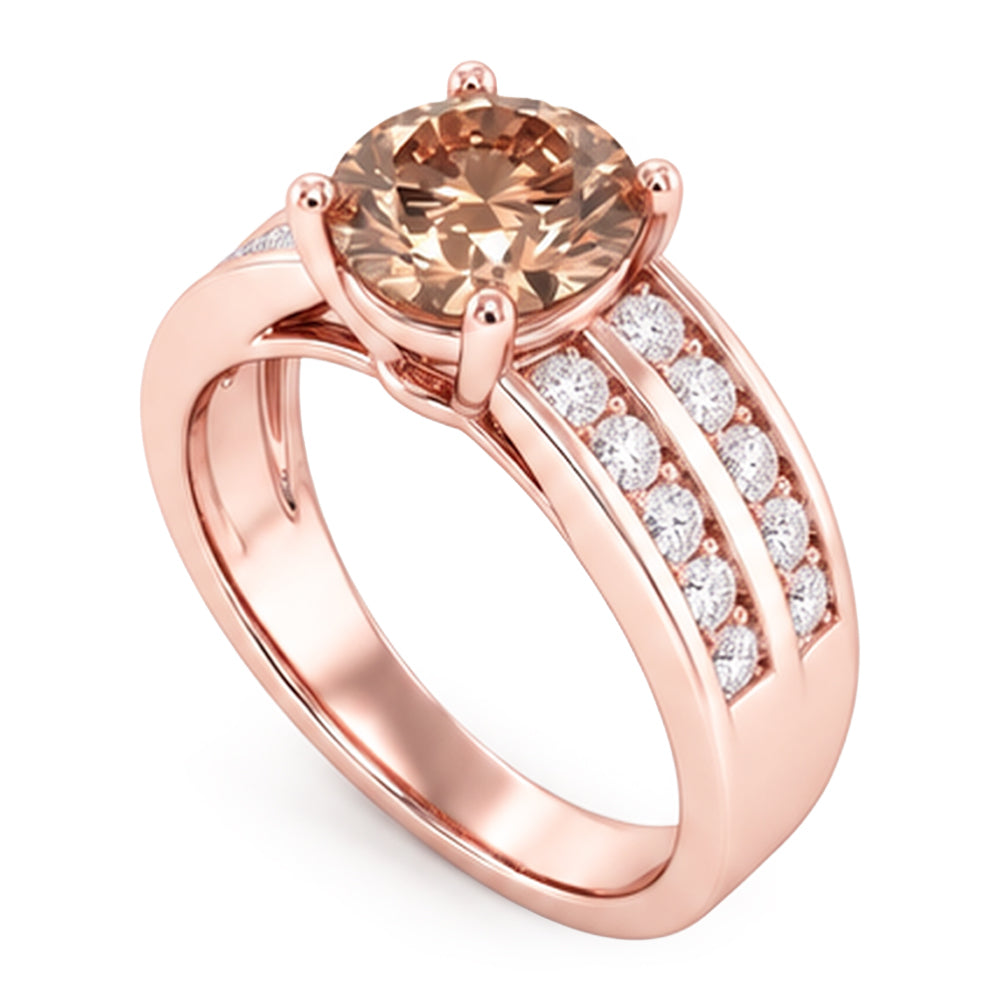 Round Brown Champagne Real Natural Earth Mined Diamond ( Not Lab Grown )  Gemstone Ring 2.5 Carat Rose Gold 14K