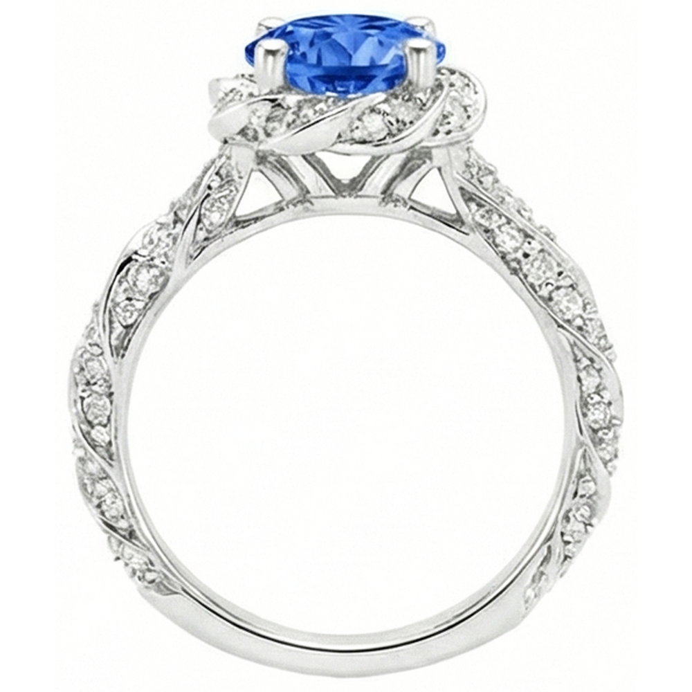 Round Ceylon Sapphire Gem Stone Natural Earth Mined Diamond ( Not Lab Grown )  Ring White Gold 14K 2.15 Ct.