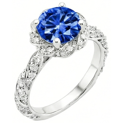 Round Ceylon Sapphire Gem Stone Natural Earth Mined Diamond ( Not Lab Grown )  Ring White Gold 14K 2.15 Ct.