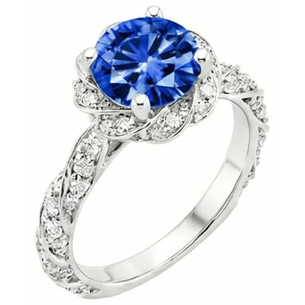 Round Ceylon Sapphire Gem Stone Natural Earth Mined Diamond ( Not Lab Grown )  Ring White Gold 14K 2.15 Ct.