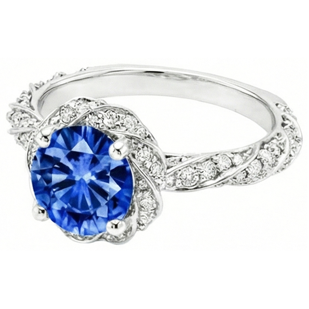 Round Ceylon Sapphire Gem Stone Natural Earth Mined Diamond ( Not Lab Grown )  Ring White Gold 14K 2.15 Ct.