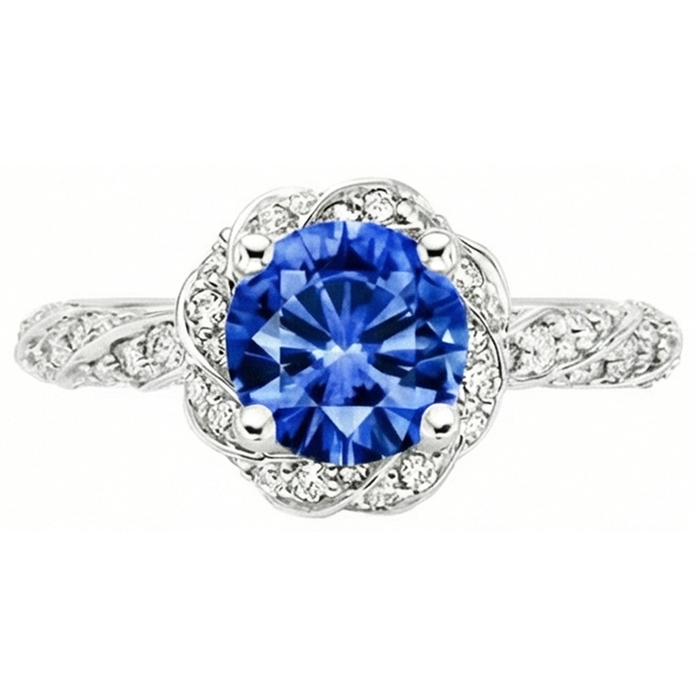 Round Ceylon Sapphire Gem Stone Natural Earth Mined Diamond ( Not Lab Grown )  Ring White Gold 14K 2.15 Ct.