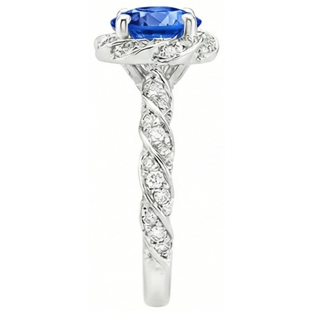 Round Ceylon Sapphire Gem Stone Natural Earth Mined Diamond ( Not Lab Grown )  Ring White Gold 14K 2.15 Ct.