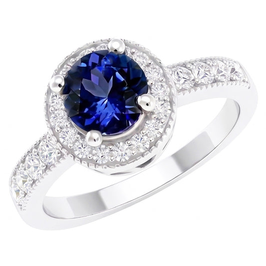 Round Ceylon Sapphire Halo Natural Earth Mined Diamond ( Not Lab Grown )  Ring White Gold Jewelry 1.5 Ct.