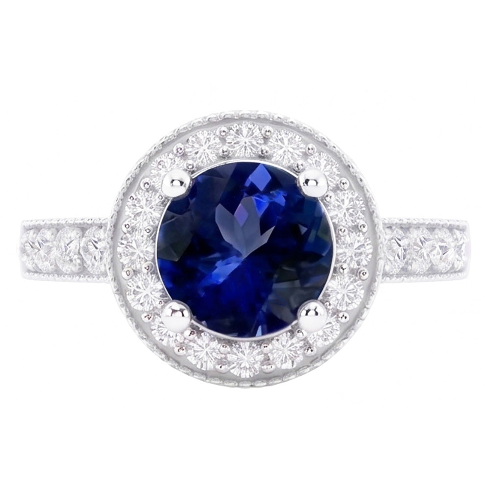Round Ceylon Sapphire Halo Natural Earth Mined Diamond ( Not Lab Grown )  Ring White Gold Jewelry 1.5 Ct.