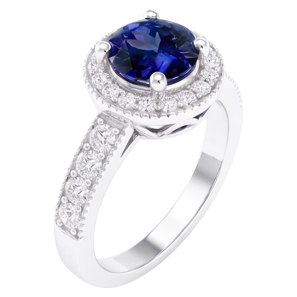 Round Ceylon Sapphire Halo Natural Earth Mined Diamond ( Not Lab Grown )  Ring White Gold Jewelry 1.5 Ct.