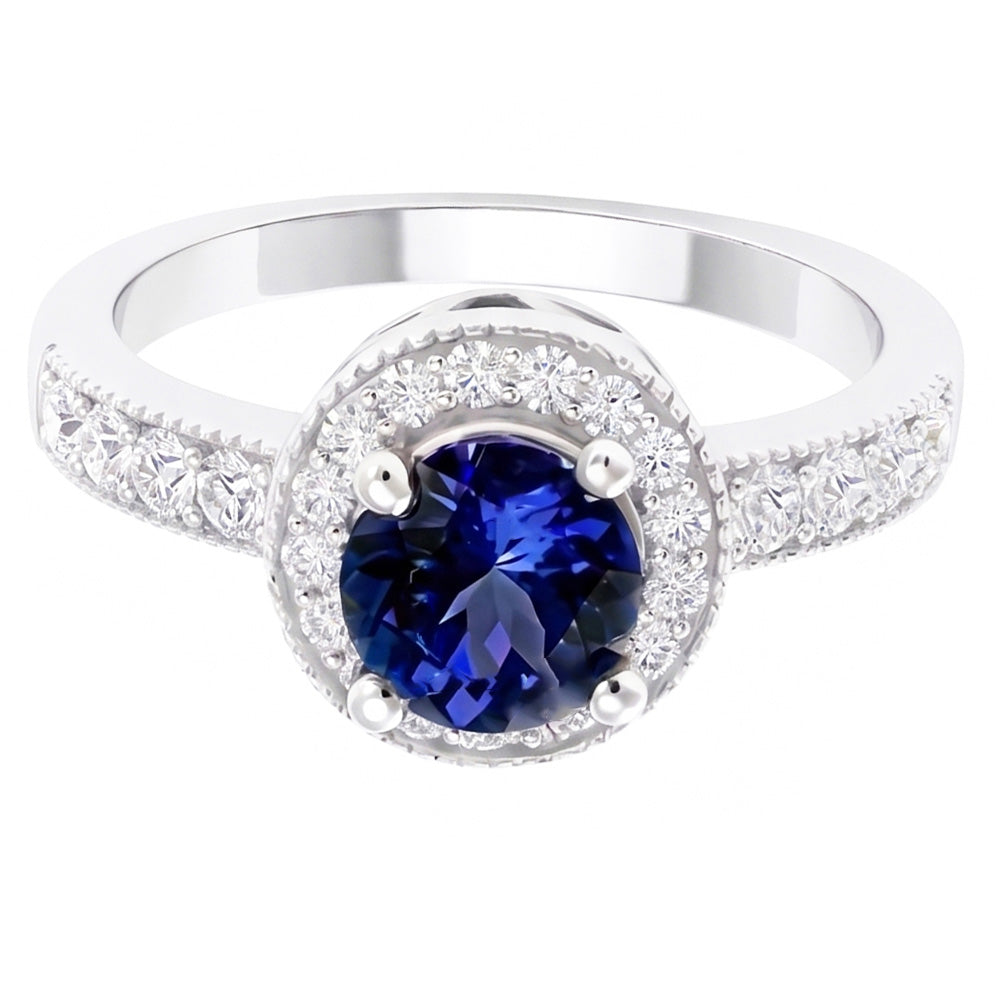 Round Ceylon Sapphire Halo Natural Earth Mined Diamond ( Not Lab Grown )  Ring White Gold Jewelry 1.5 Ct.