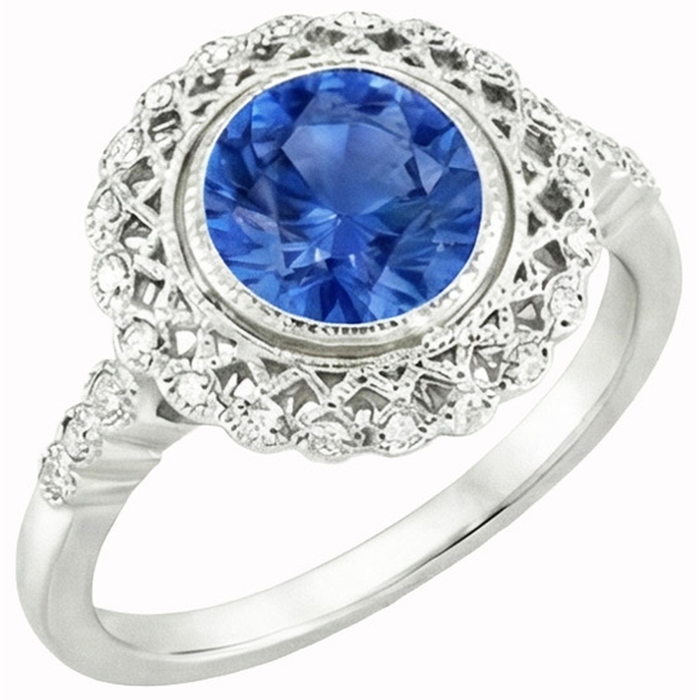 Round Ceylon Sapphire Natural Earth Mined Diamond ( Not Lab Grown )  Ring Bezel Set 3.80 Carat White Gold 14K