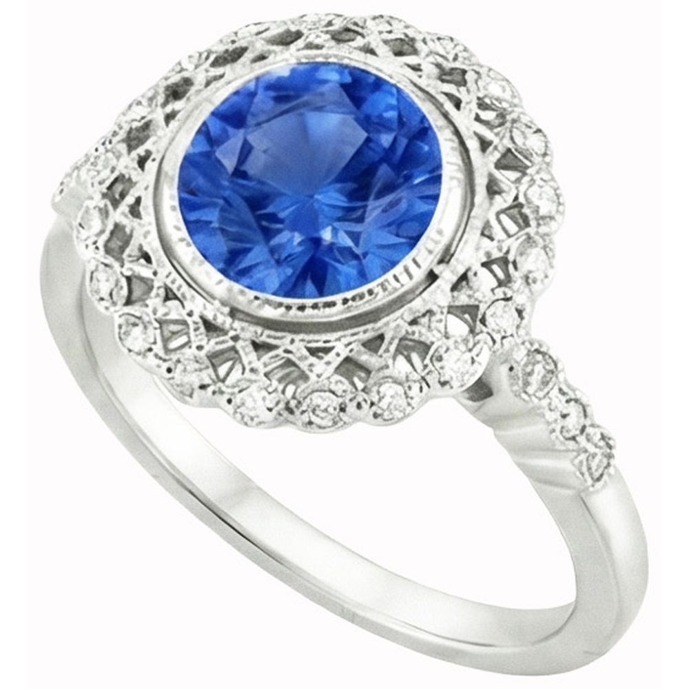 Round Ceylon Sapphire Natural Earth Mined Diamond ( Not Lab Grown )  Ring Bezel Set 3.80 Carat White Gold 14K
