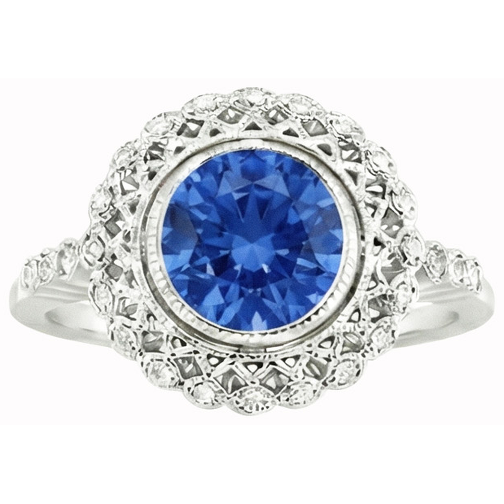 Round Ceylon Sapphire Natural Earth Mined Diamond ( Not Lab Grown )  Ring Bezel Set 3.80 Carat White Gold 14K