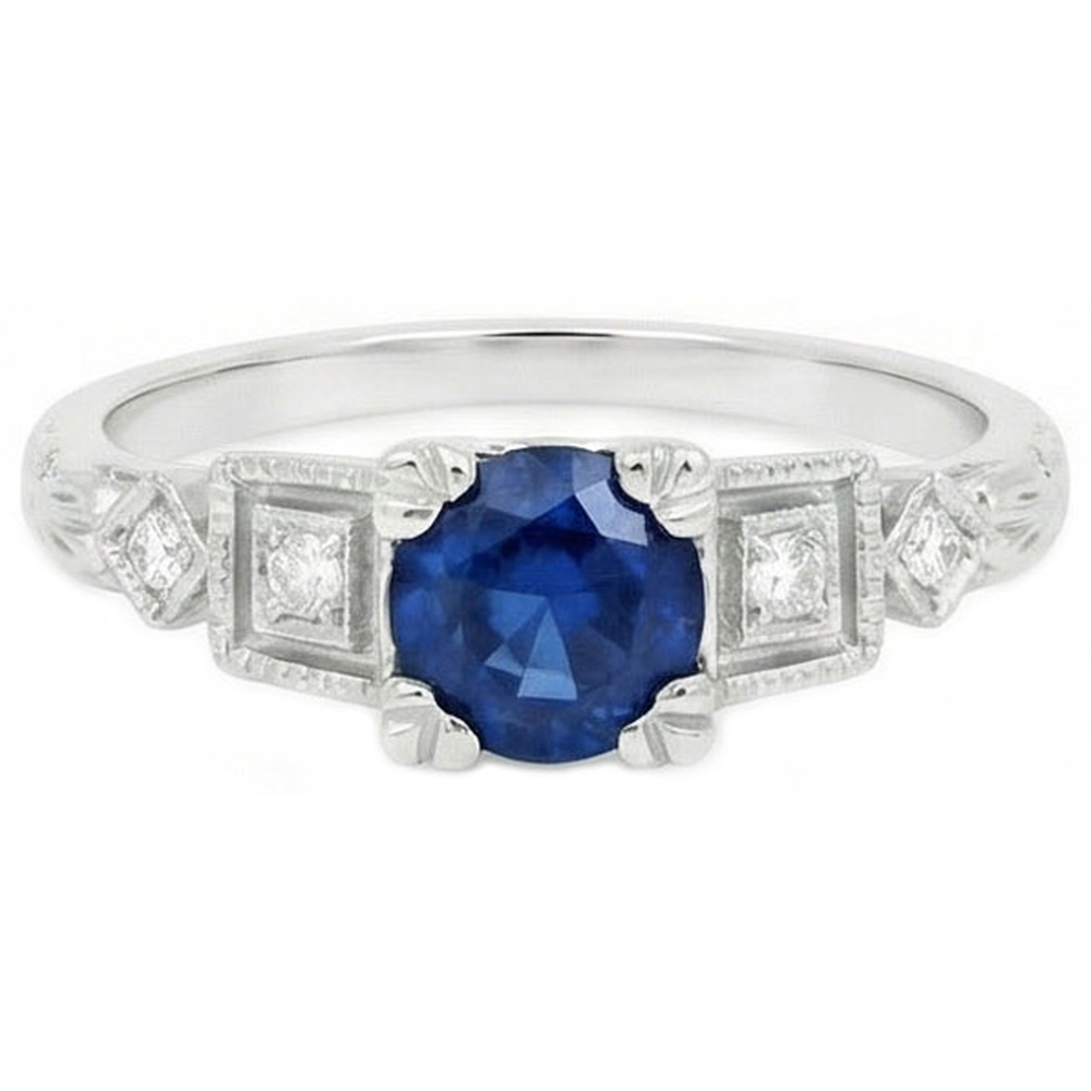 Round Cut 1.65 Ct Sri Lankan Sapphire And Natural Earth Mined Diamond ( Not Lab Grown ) s Ring White Gold 14K