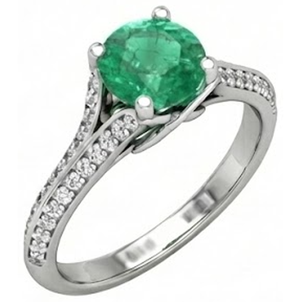 Round Cut 3.20 Ct. Green Emerald And Natural Earth Mined Diamond ( Not Lab Grown )s Wedding Ring Gold White 14K