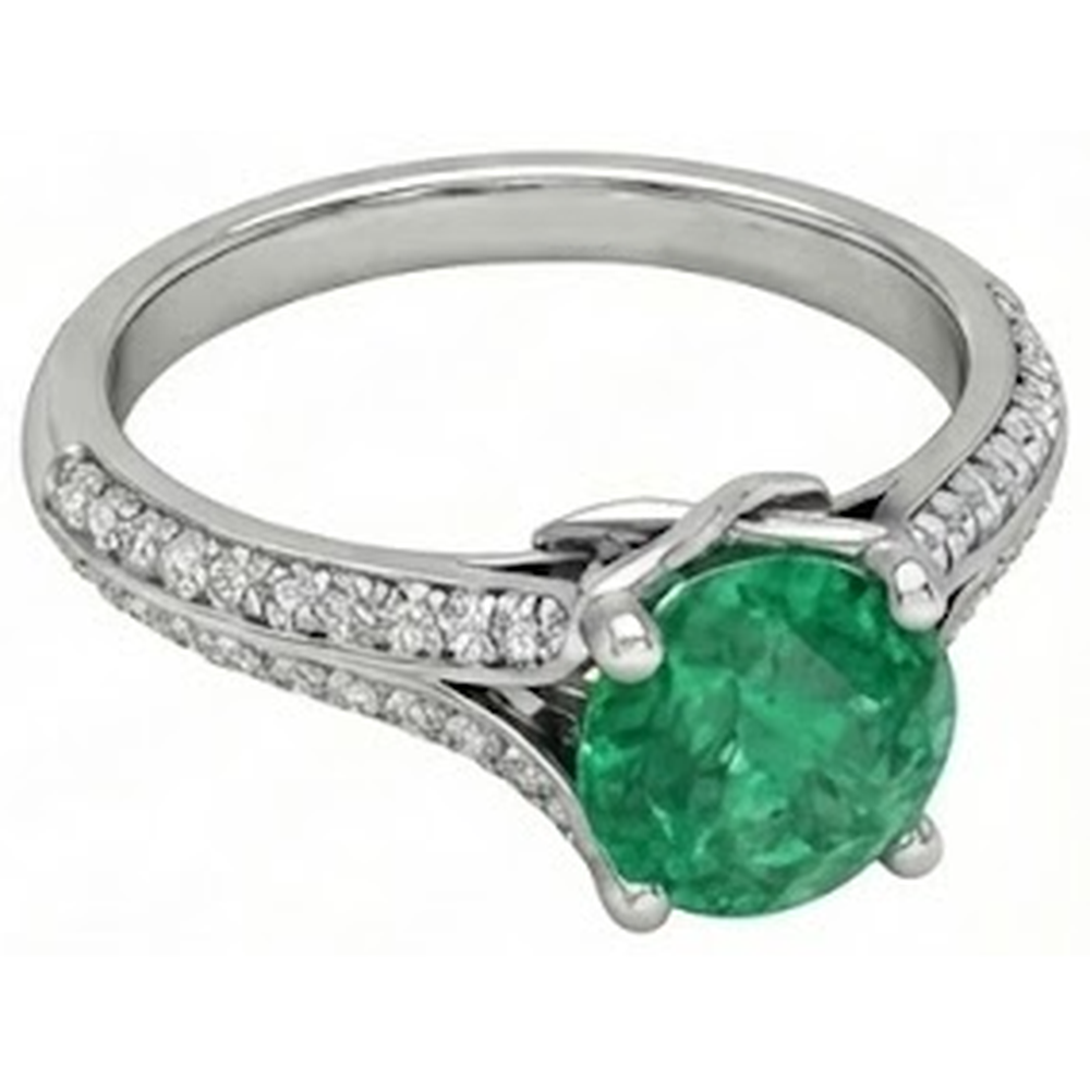 Round Cut 3.20 Ct. Green Emerald And Natural Earth Mined Diamond ( Not Lab Grown )s Wedding Ring Gold White 14K