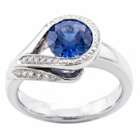 Round Cut Blue Sapphire And Natural Earth Mined Diamond ( Not Lab Grown ) s 2.50 Ct Ring White Gold 14K