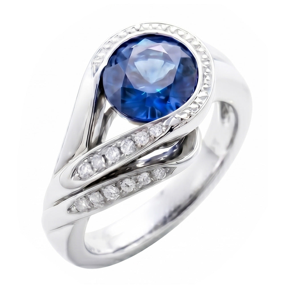 Round Cut Blue Sapphire And Natural Earth Mined Diamond ( Not Lab Grown ) s 2.50 Ct Ring White Gold 14K
