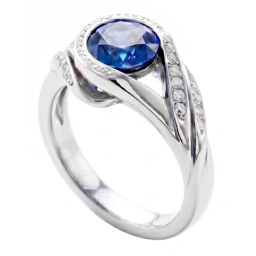 Round Cut Blue Sapphire And Natural Earth Mined Diamond ( Not Lab Grown ) s 2.50 Ct Ring White Gold 14K