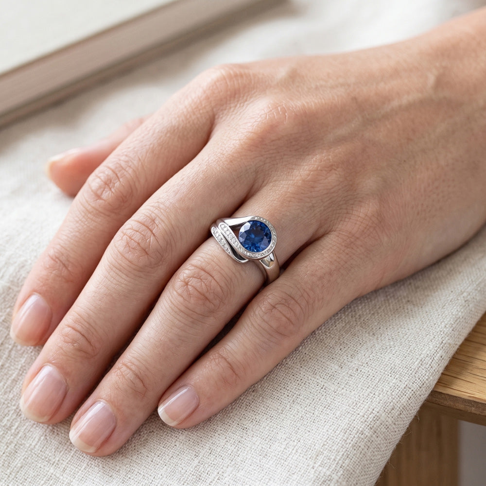 Round Cut Blue Sapphire And Natural Earth Mined Diamond ( Not Lab Grown ) s 2.50 Ct Ring White Gold 14K
