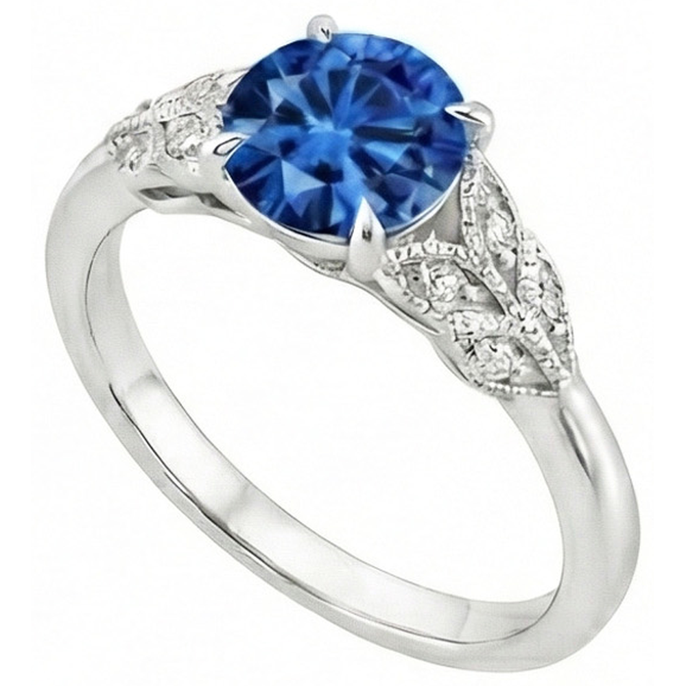 Round Cut Blue Sapphire With Natural Earth Mined Diamond ( Not Lab Grown )s 2.25 Ct Ring New White Gold 14K