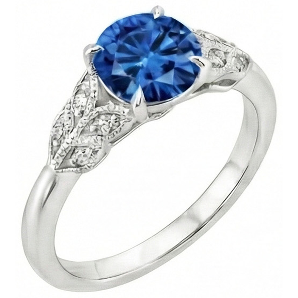 Round Cut Blue Sapphire With Natural Earth Mined Diamond ( Not Lab Grown )s 2.25 Ct Ring New White Gold 14K