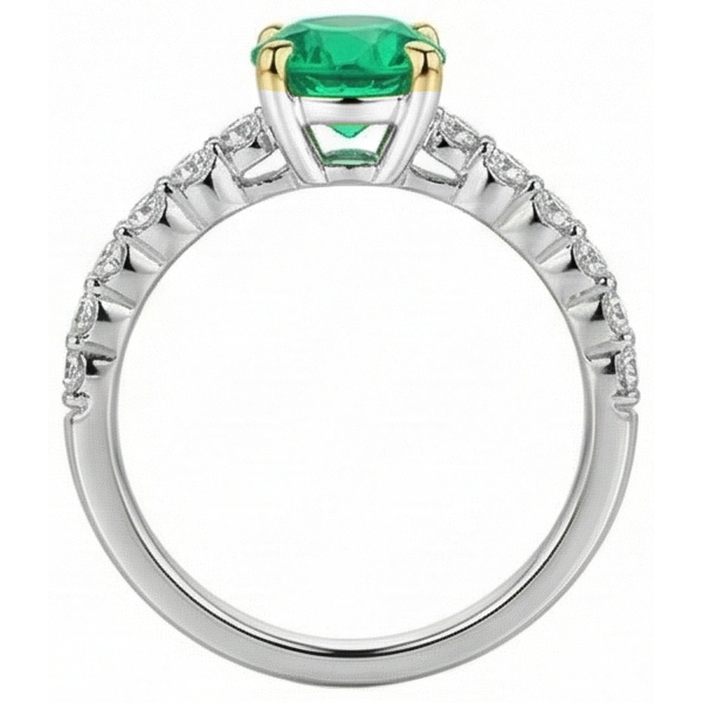 Colombian Emerald Round Brilliant Gemstone Ring in 14K Two Tone Gold – top view