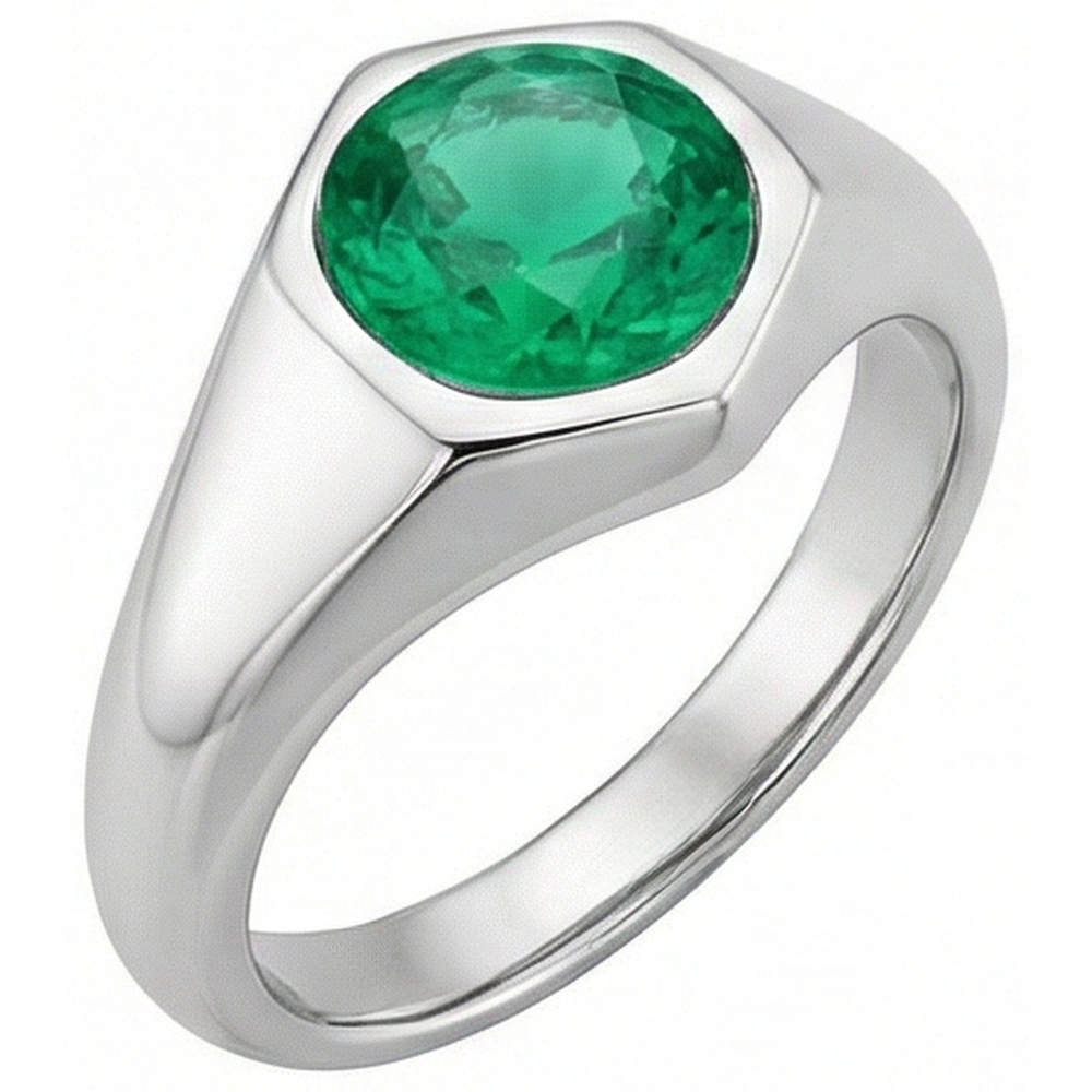 Emerald Round Cut Precious Stone Ring in 14 Karat White Gold – side view
