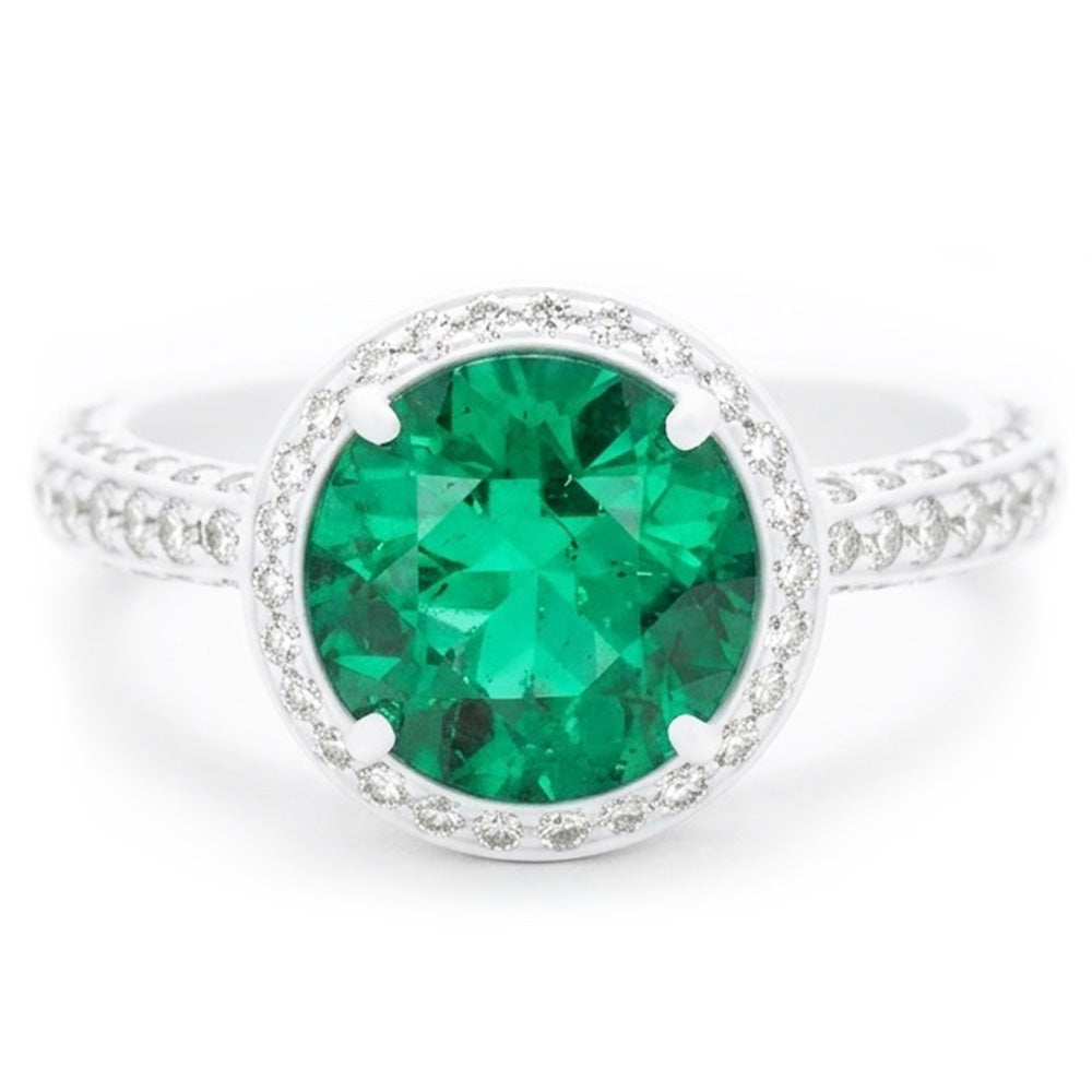 Round Cut Green Emerald With Natural Earth Mined Diamond ( Not Lab Grown )  Engagement Ring 8.5 Carats 14K Gold