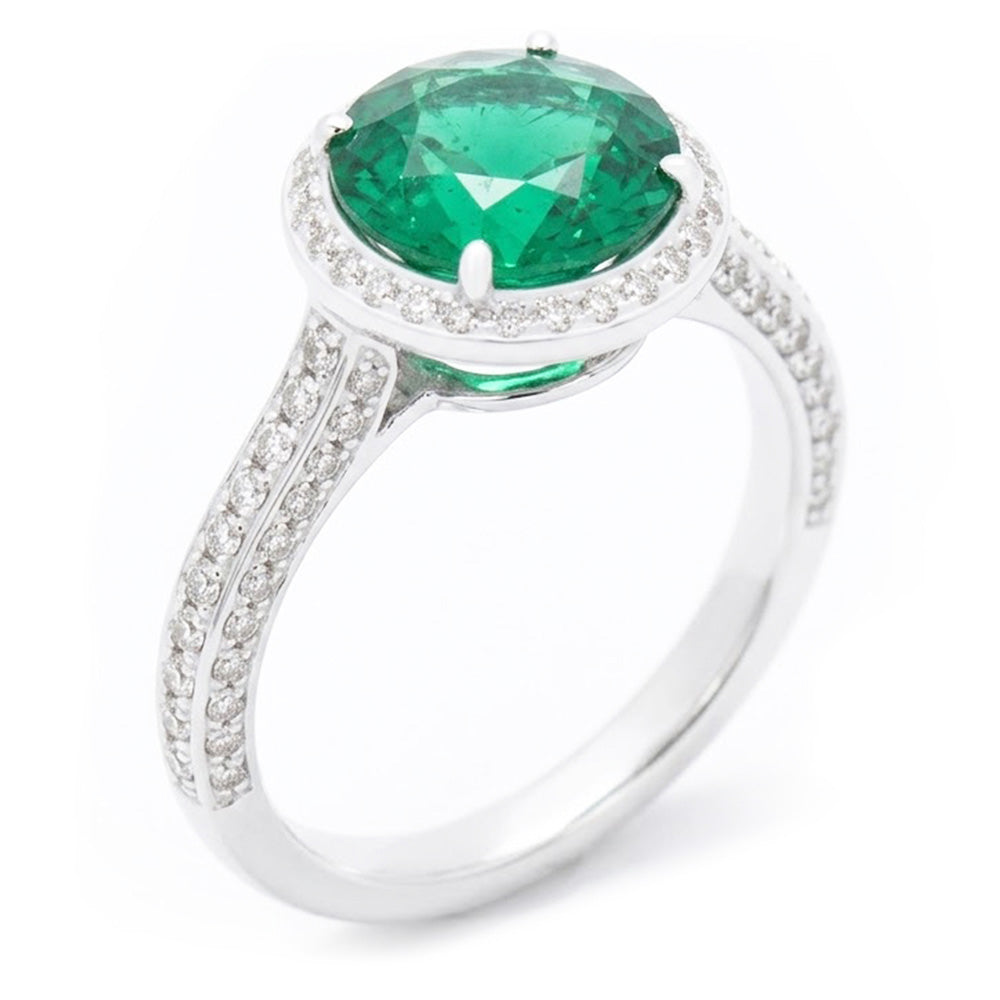 Round Cut Green Emerald With Natural Earth Mined Diamond ( Not Lab Grown )  Engagement Ring 8.5 Carats 14K Gold