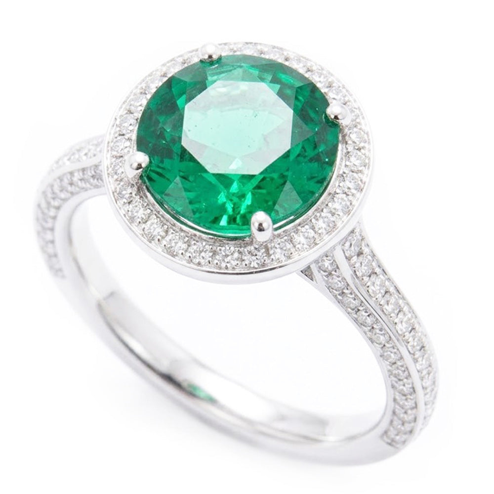 Round Cut Green Emerald With Natural Earth Mined Diamond ( Not Lab Grown )  Engagement Ring 8.5 Carats 14K Gold