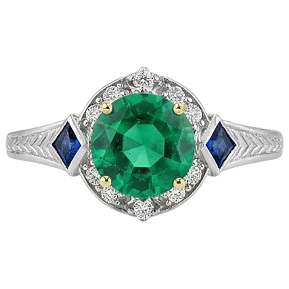 Round Cut Fine Emerald ring in 14K Two Tone Gold – front view