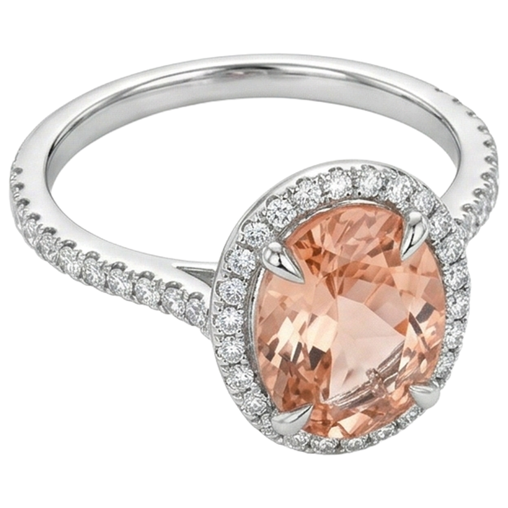 Round Cut Morganite And Natural Earth Mined Diamond ( Not Lab Grown )s 11.35 Carats Ring Gold White 14K