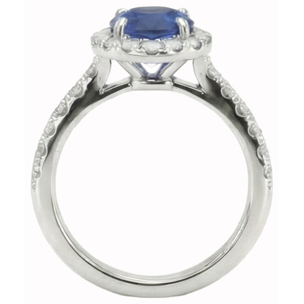 Round Cut Sri Lankan Sapphire Halo Natural Earth Mined Diamond ( Not Lab Grown ) Ring White Gold 14K