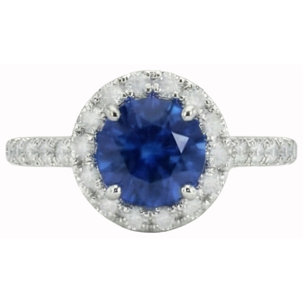 Round Cut Sri Lankan Sapphire Halo Natural Earth Mined Diamond ( Not Lab Grown ) Ring White Gold 14K