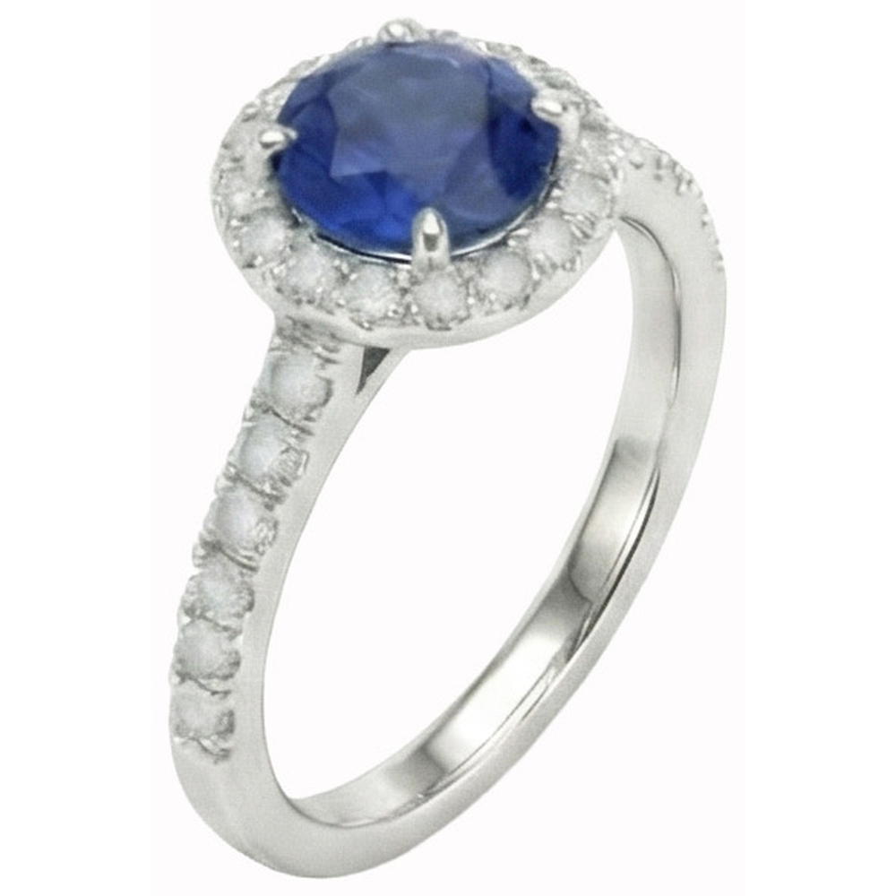Round Cut Sri Lankan Sapphire Halo Natural Earth Mined Diamond ( Not Lab Grown ) Ring White Gold 14K