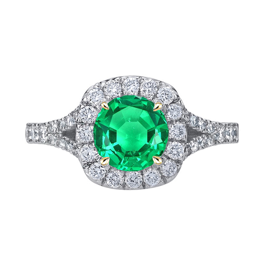 Emerald Round Cut Gemstone Ring in 14 Karat Two Tone Gold – main view