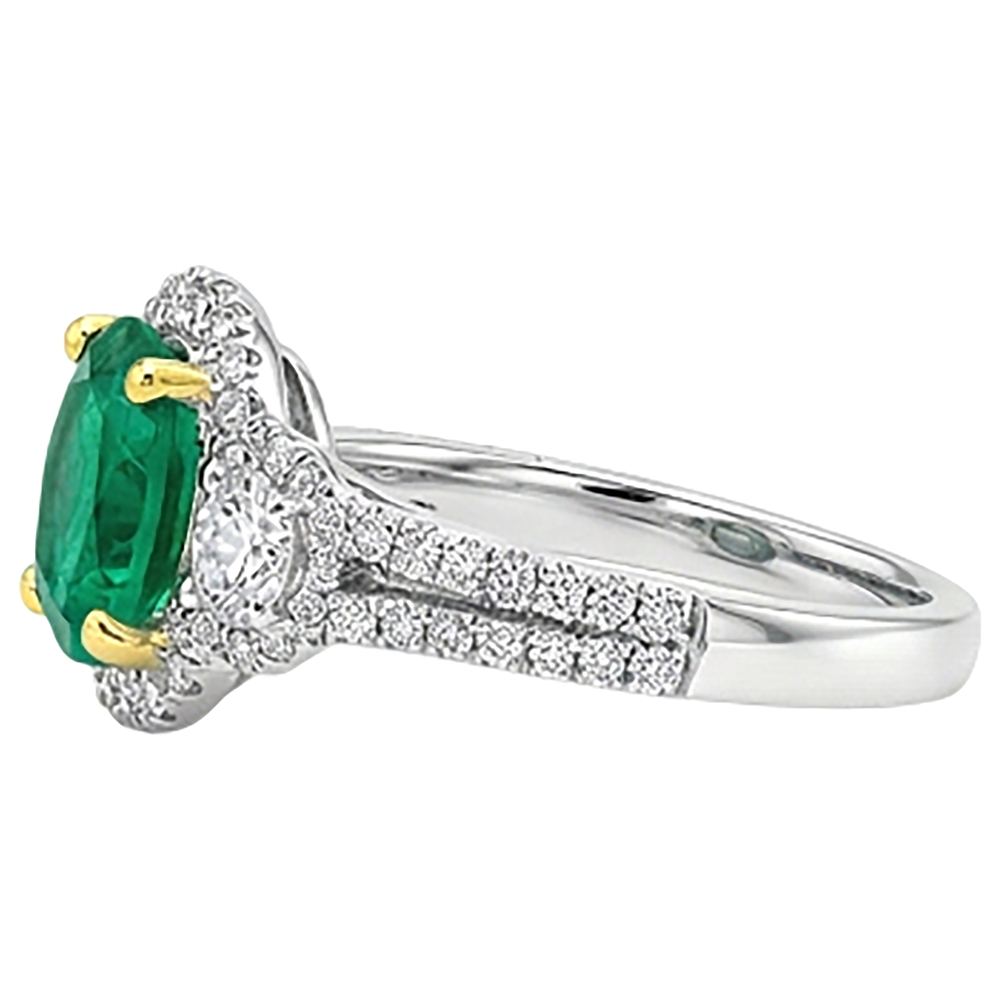 Emerald Round Brilliant Gemstone Ring in 14 Karat Two Tone Gold – profile view