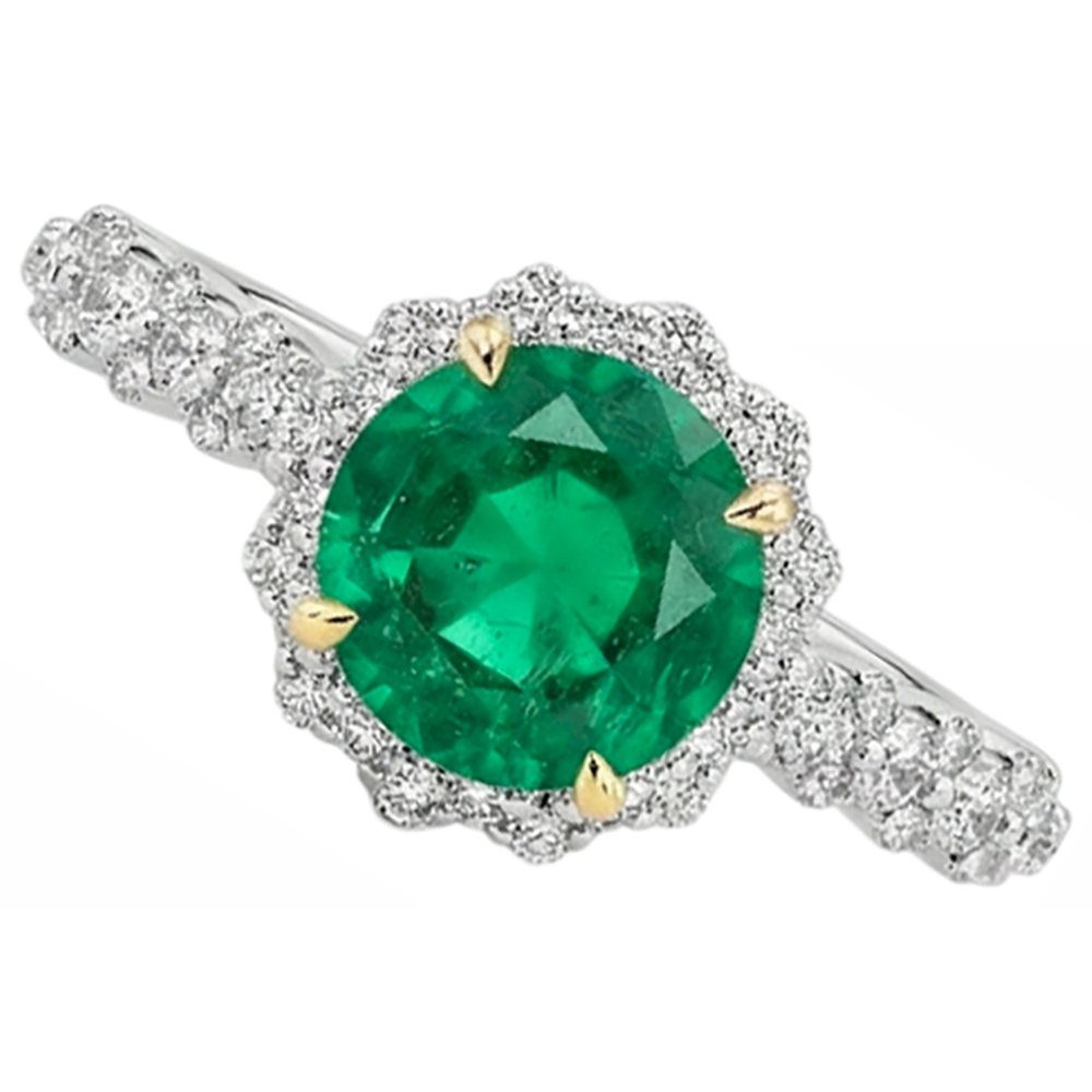 Fine Emerald Round Brilliant Colored Stone Ring in 14 Karat Two Tone Gold – top view