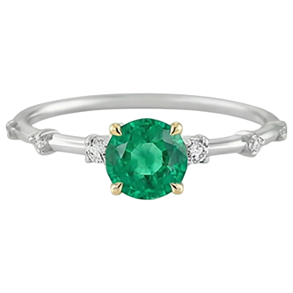 Colombian Emerald Round Brilliant Gemstone Ring in 14K Two Tone Gold – front view