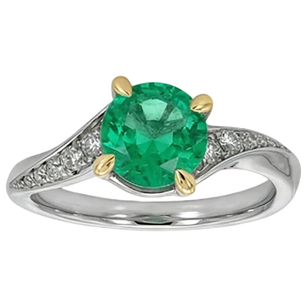 Round Cut Emerald ring in 14 Karat Two Tone Gold – front view