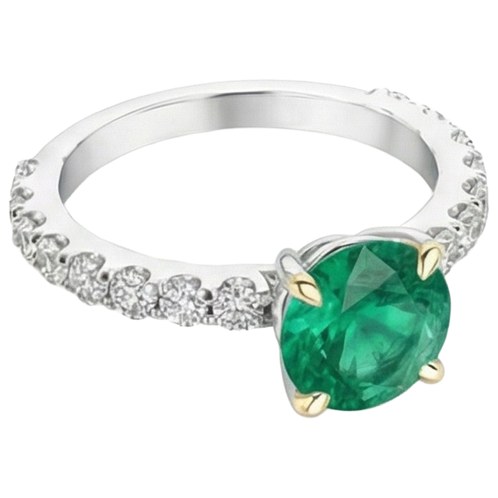 Authentic Fine Emerald Colored Stone Ring 2 ct 14 Karat Two Tone Gold – angle view