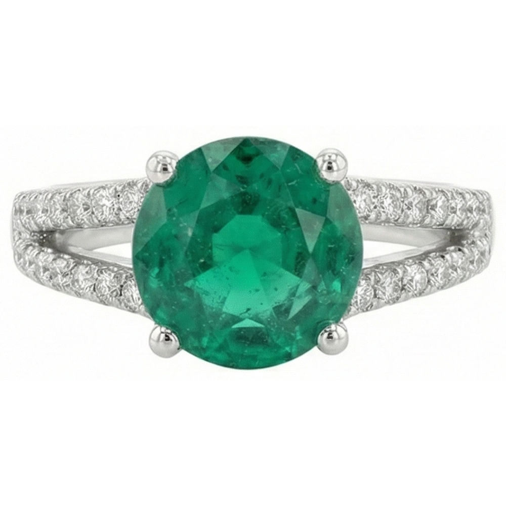 natural round emerald 3.75ct ring close up detail
