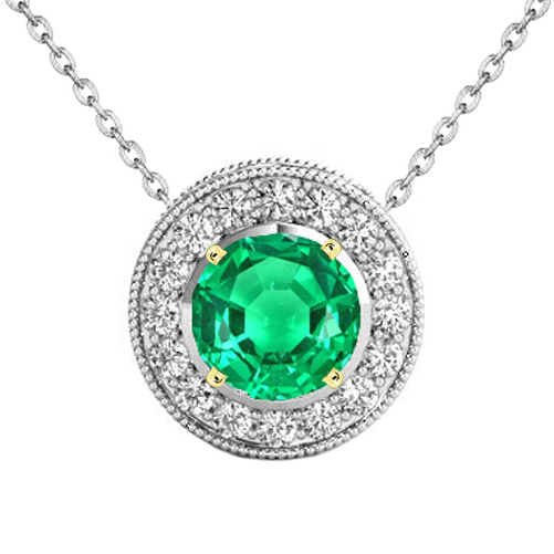 Emerald Round Cut Stone Pendant Necklace in Two-Tone 14K Gold – main view