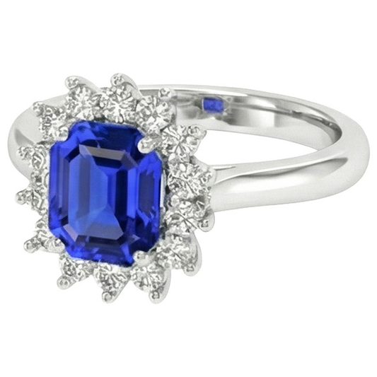 Round Halo IGI CERTIFIED Diamond Asscher Cut Blue Sapphire 6.50 Carats Ring Gold 14K