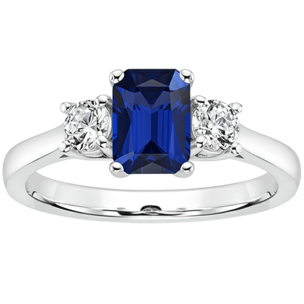 Round Natural Earth Mined Diamond 3 Stone Ring With Emerald Ceylon Sapphire 4.50 Carats