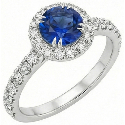 Round Natural Earth Mined Diamond ( Not Lab Grown ) Engagement Ring Halo Ceylon Sapphire Jewelry 3.50 Carats