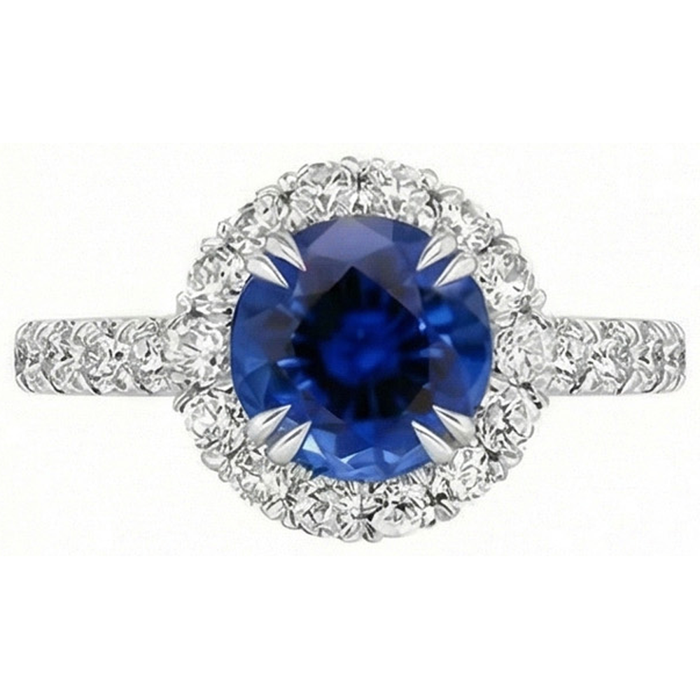 Round Natural Earth Mined Diamond ( Not Lab Grown ) Engagement Ring Halo Ceylon Sapphire Jewelry 3.50 Carats