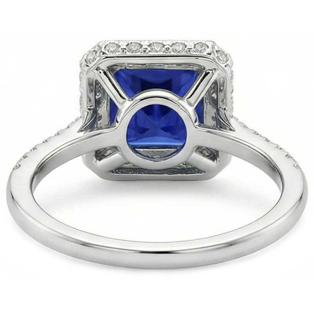 Round Natural Earth Mined Diamond ( Not Lab Grown ) Halo Ring With Princess Cut Blue Sapphire Center 6 Carat