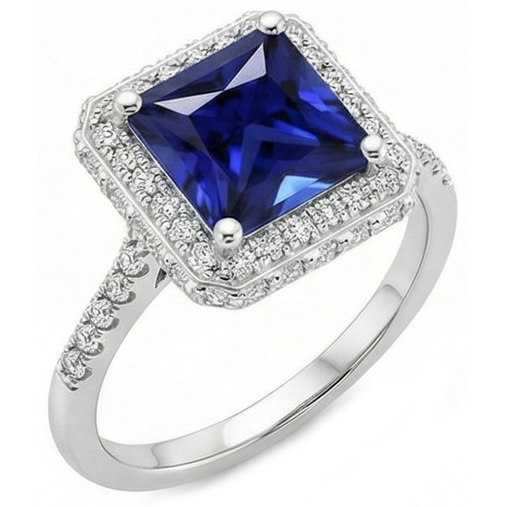 Round Natural Earth Mined Diamond ( Not Lab Grown ) Halo Ring With Princess Cut Blue Sapphire Center 6 Carat