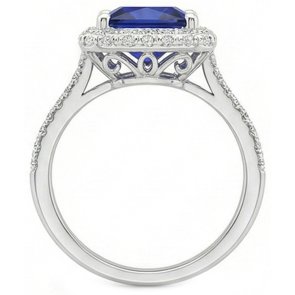 Round Natural Earth Mined Diamond ( Not Lab Grown ) Halo Ring With Princess Cut Blue Sapphire Center 6 Carat