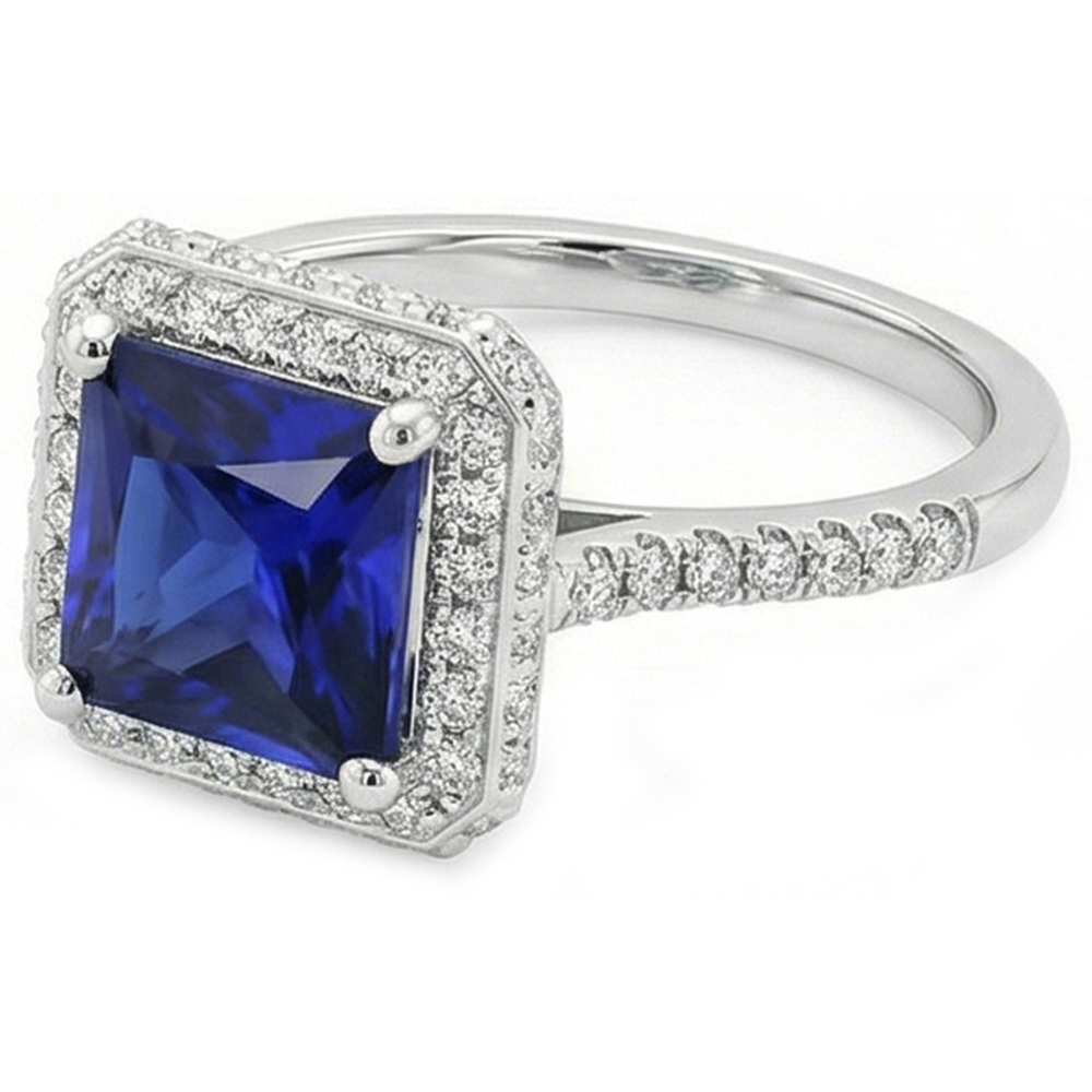 Round Natural Earth Mined Diamond ( Not Lab Grown ) Halo Ring With Princess Cut Blue Sapphire Center 6 Carat