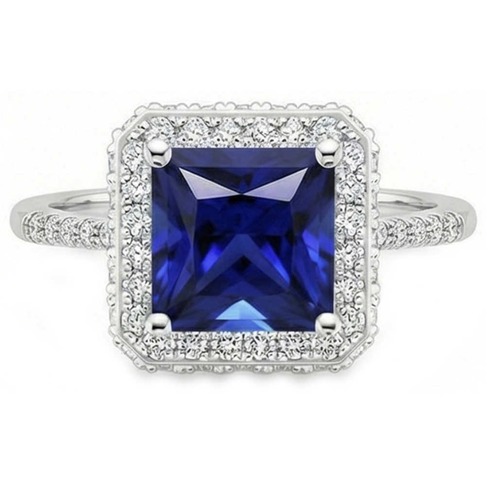 Round Natural Earth Mined Diamond ( Not Lab Grown ) Halo Ring With Princess Cut Blue Sapphire Center 6 Carat